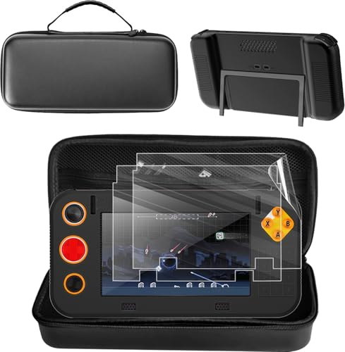 Carrying Case 3 in 1 Set for My Arcade Atari Gamestation Go Handheld Game Console, Included Carrying Case, Silicone Protective Cover and 2 Pack PET Screen Protector, Anti-Scratch,Shockproof,Black
