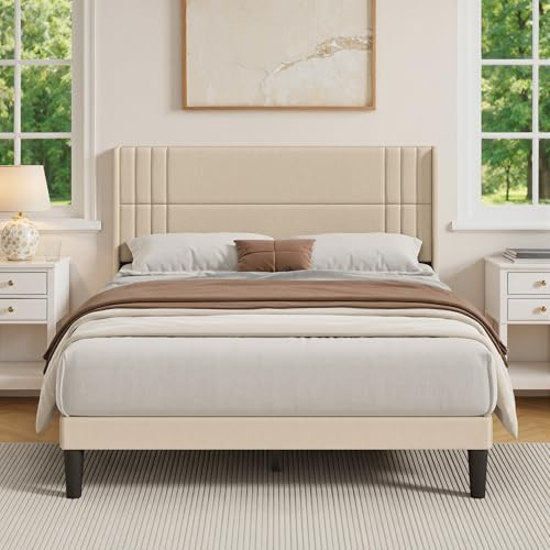 Blishom Letto imbottito 160 x 200 cm, con testiera e rete a doghe, robusto letto in tessuto per ragazzi e camere degli ospiti, struttura imbottita,Beige
