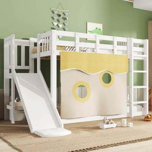 PUGSDRLY Lit Superposé 90x200cm, Cadre de lit en Bois avec Escalier, Toboggan et Barrières, Sommier à Lattes, pour Garçons et Filles, sans Matelas (Blanc)