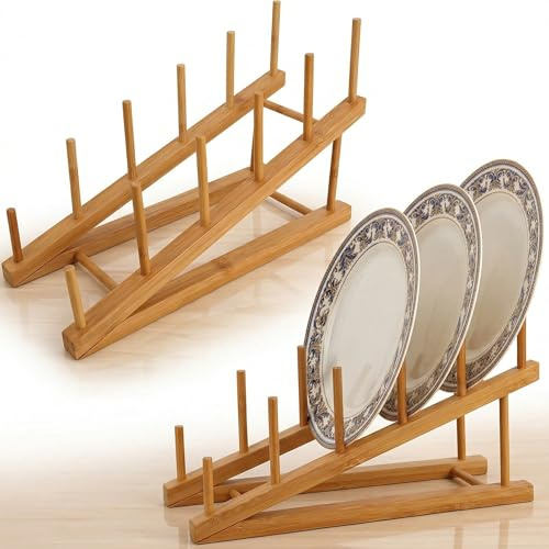 Xygobla 2 Pcs Wooden Plate Rack,Plate Rack Holder Dish Drying Drainer Rack with 5 Grids,Cupboard Plate Stand Bamboo Dish Holders Kitchen Cabinet Organizer for Cup,Cutting Board,Bowl,Pot Lid,Tableware