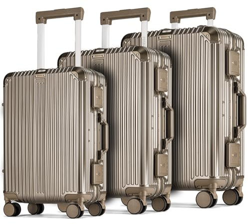 POSH resväska – hårt skal av polykarbonat med aluminiumram – aluminiumresväska: handbagage, medelstort, stort – hjul med dubbla TSA-lås och 3 skyddsfodral, Guld, Set, Fodral med hårt skal av