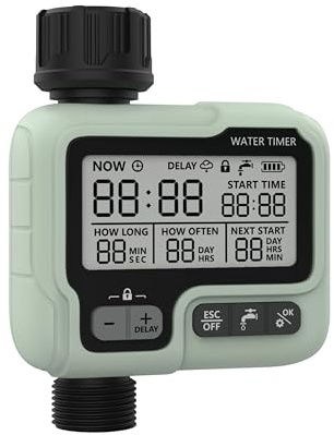 IRRIGATECH Automatisk bevattningsprogrammerare 1/2 tum–3/4 tum, digital timer, regnfördröjning, auto/manuellt läge 1s-199min, frekvens 1–15 dagar, LCD-skärm, barnlås