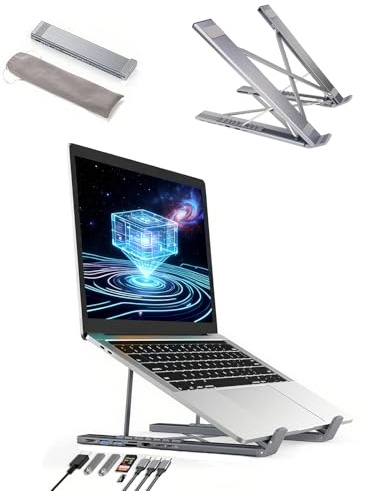 Laptop Stand with Docking Station, 8 in 1 USB C Hub Computer Stand with 4K HDMI, 5Gbps Data Transfer, Foldable Adjustable Laptop Riser with USB Ports for Desk, Travel, Home Office