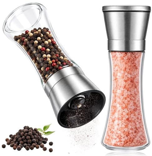 Salt and Pepper Grinder Set, Adjustable Coarseness Coarse & Fine Salt Shakers, Tall Glass Salts and Pepper Shakers Stainless Steel Peppers Grinder Kitchen Set(Without Spice Content)