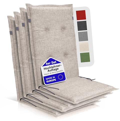 BI International Relexo Premium - Hochlehner Auflage Gartenstuhl Stuhlauflage mit Polster, Outdoor Sitzkissen & Stuhlkissen für Gartenmöbel Auflage wetterfest, Sitzkissen bequem (Taupe, 4er Set)