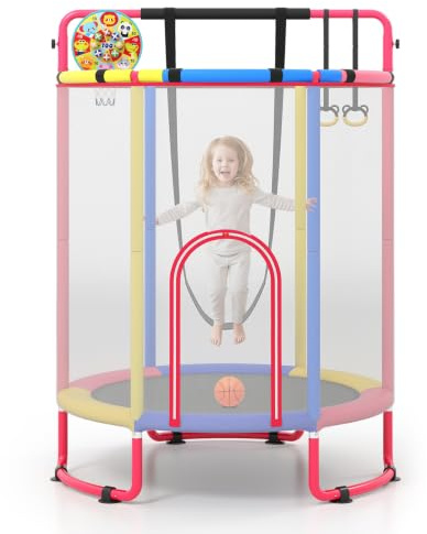 COSTWAY 6 in 1 Kindertrampolin mit Sicherheitsnetz | Trampolin Kinder mit Schaukel, Basketballkorb, Turnstange, Dartscheibe & Barren, Gartentrampolin für Indoor & Outdoor