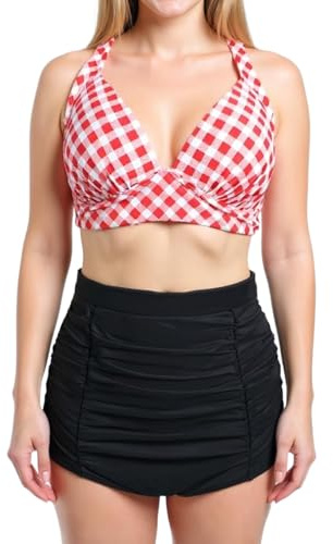 Bslingerie® Retro, vintage push-up, hög midja, dam bikini, baddräkt, plus size, Röd rutig, XL