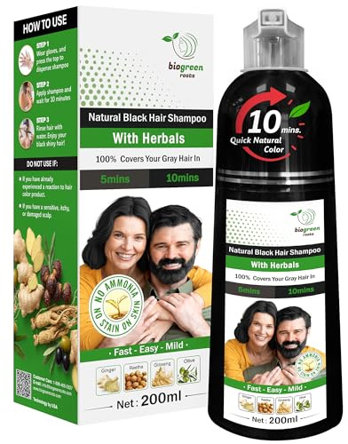 BIOGREEN ROOTS Ammonia-Free & Paraben Free Herbal Hair Shampoo - Hair Dye Shampoo for Women & Men - Natural Color & Herbal Nourishment - No Stain on Skin - Natural Black (200 ml)