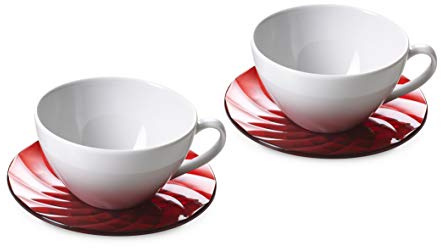 Omada Design Set 2 Tazze da Colazione in Porcellana da 35 cl, con Piattini Colorati in acrilico, Eleganti, Made in Italy Linea Diamond, Rosso Rubino