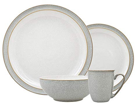 Denby - Elements Light Grey Dinner Set For 1 - 4 Piece Ceramic Tableware - Dishwasher Microwave Safe Crockery Single Place Setting - 1 x Dinner Plate, 1 x Small Plate, 1 x Cereal Bowl, 1 x Coffee Mug