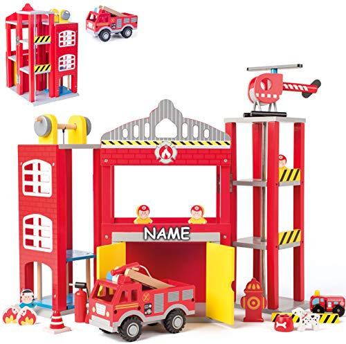 alles-meine.de GmbH XL - Holz - Feuerwehrstation - 3 Ebenen - incl. Feuerwehr + Helikopter + Figuren + Zubehör - inkl. Name - umbaubar - 51 cm - umklappbar - Fahrzeuge/Auto & L..