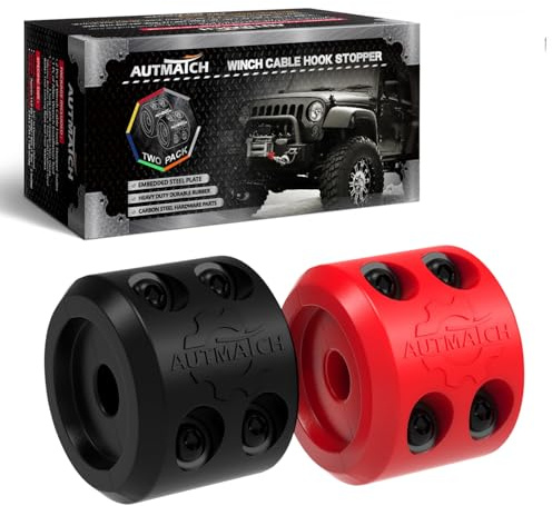 AUTMATCH Winch Cable Hook Stopper (2 Pack), Silicone Rubber Winch Stopper for Wire & Synthetic Rope, Winch Line ATV UTV, Shock Absorbent Prevent Pulling Bounce and Abrasion, Black & Red