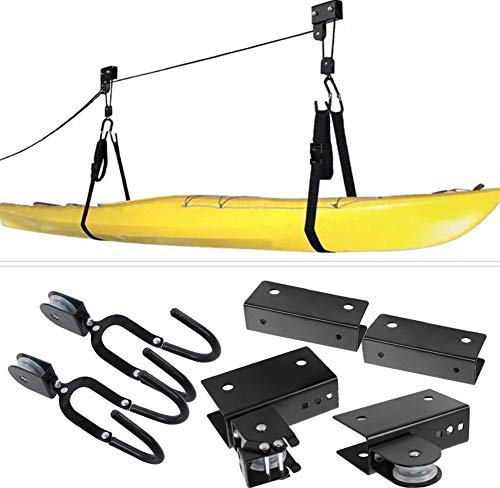 Alomejor Kayak Hoist Lift Hoist System for Kayaks Canoes and Bikes Black Finish 125 Pounds Ceiling Mount