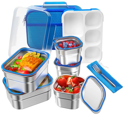 Lunch Box Stainless Steel Bento for Kids Adults Leakproof BPA-Free with Lunch Bag Metal Lunch Containers Tray 5-Compartment with Fork for Boy Food Snack Containers for School Outdoors Navy-Blue