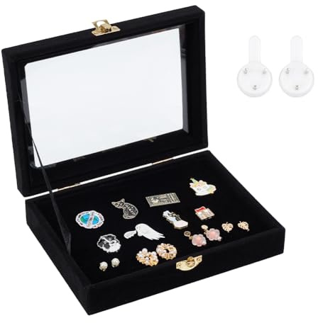 NBEADS Black Velvet Pin Display Case, 20.3x16.3x4.8cm Wall Hanging Brooch Jewelry Storage Case Wooden Presentation Boxes with Glass Window and Hangers for Coin Medals Pins Badges Display and Storage