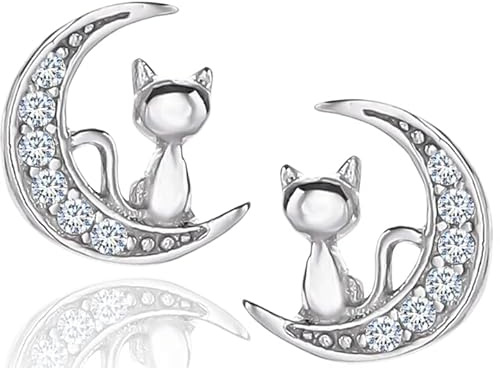 MENNICA BYDGOSKA Ohrringe Silber 925 Katzen auf einem Halbmond mit Diamant Zirkonia für Mädchen Damen Verschluss Ohrstecker Nickelfrei Geschenk