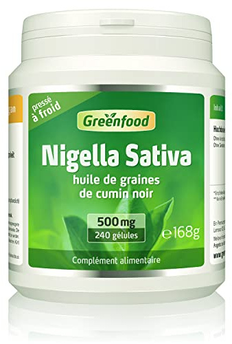 Greenfood Huile de nigelle, 500 mg,240 gélules - SANS additifs | Nigella sativa d’Égypte, pressée à froid, capsules softgel, testée, sans OGM, gluten ni lactose.