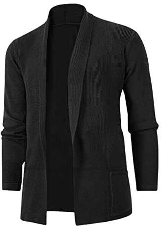 Cardigan da Uomo Leggero Slim Fit Lavorato a Maglia con Bottoni, Maglione in Cotone con Tasche, Giacca con Collo a Scialle, Nero, L