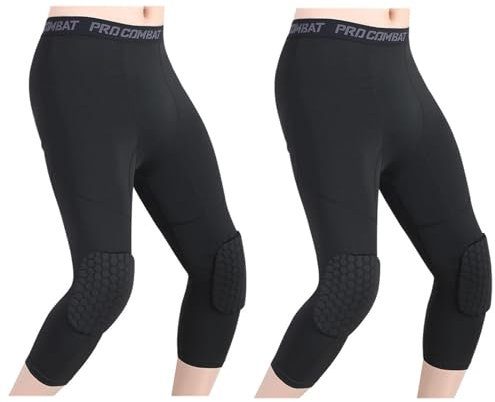 HULG Pantaloni da Basket con Ginocchiere,Pantaloni da Basket da Uomo con Ginocchiere 3/4 Capri Imbottiti Leggings A Compressione Leggings Protezioni Sportive (L,Black)
