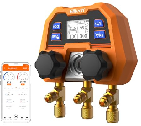Elitech Kältemittel Monteurhilfe,Digitale Verteiler Klimaanlage, HVAC Messgeräte App Control Für R32 R134 Usw, Intelligenter Verteiler Mechnical Manifold Terminator DMG-4B