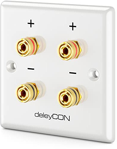 deleyCON Toma de Conexión Toma de Pared Altavoces Multimedia Placa de Pared con Enchufes Tipo Banana para 2 Altavoz (Rojo/Negro) - Sistemas de Sonido Hi-Fi Surround y Cine en Casa