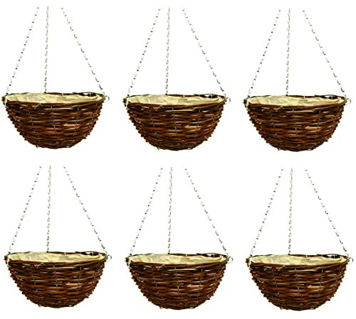 Fyne-Finds Set of 6, 30cm 12Inch Dark Brown Wicker Hanging Basket Lined Rattan Willow Weatherproof Planter