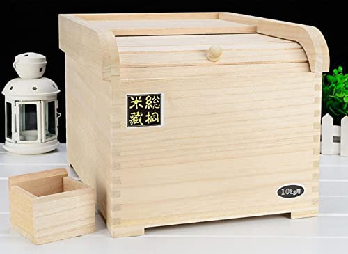 NIBHZ Wooden Rice Container Storage Rice Dispenser Rice Storage Containers with Sliding Lid and Measuring Cup,Large Wooden Cereal Dispenser Bamboo Rice Dispenser,White-10KG