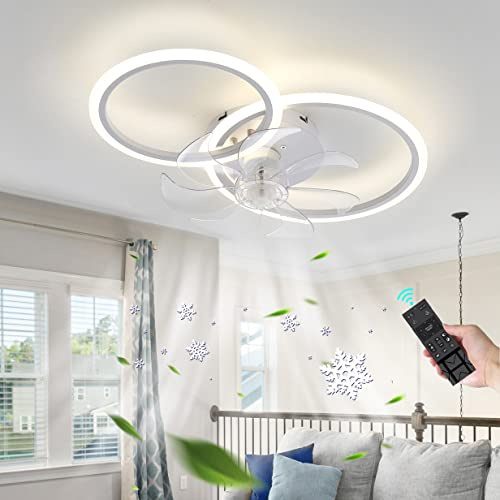 2-Kreis Design Deckenventilator Mit Licht Und Fernbedienung Leiser DC-Motor LED Dimmbare Ventilator Licht Decke 6 Geschwindigkeit Pendelleuchte Für Schlafzimmer Wohnzimmer LED-Deckenleuchte-White