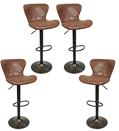 THINFAR Vintage Barstol Set Med 4, Industriell i Läder, Justerbar Och 360° Svängbar Höjd, Med Fotstöd Och Ryggstöd (Brun-4 St)
