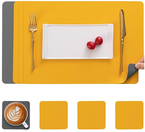 Myir JUN Tovagliette in Pelle e Sottobicchieri Set Tovagliette Colazione | Set di 4 Bifacciale Antiscivolo Impermeabile Tovaglietta Plastica Lavabili Tovaglietta Tovagliette Americane