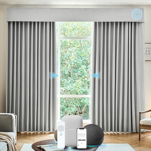 Kerxwerd Smart Curtains Compatible with Alexa Google Home Motorized Blackout Retractable Curtain Hardwired Remote Control Custom Width Up to 177 Cream Gray