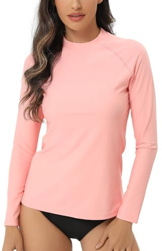 HUGE SPORTS Damen Langarm Rash Guard Shirt Sonnenschutz Schwimmshirt Schnelltrocknend Bademode Surf Shirt (Rosa, S)