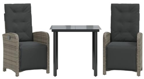 vidaXL Bistro Set 3-TLG., Gartenmöbel Set mit Tisch 2 Gartenstühlen, Gartensessel mit Kissen Verstellbarer Rückenlehne Fußstütze, Terrassengarnitur Balkongarnitur, Grau Poly Rattan