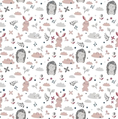 Hase Igel Wolke Grau Rosa 100x160cm 1 Meter 100% Baumwolle Baumwollstoff Kinder Meterware Handwerken Nähen Stoff