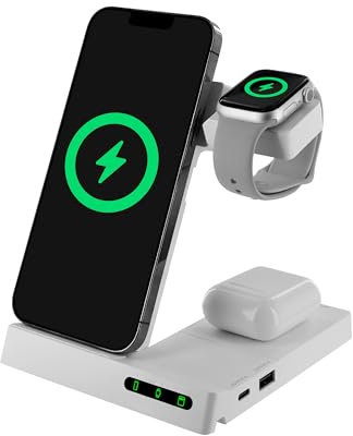 muvit for Change Base cargadora inalambrica 6 en 1 Plegable smartwatch+iWatch+Airpods + Dos Puertos USB A + C Blanca
