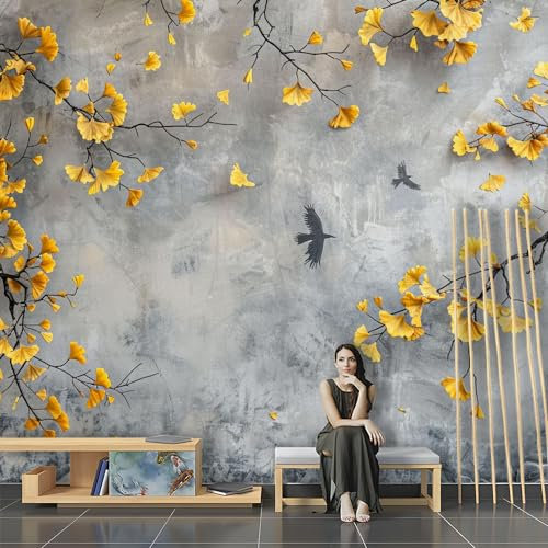 Fototapete 3D Retro Ginkgo Blatt Vogel Grau Beton Tapeten Wandtapete XXL Wanddeko Design Wand Dekoration Wohnzimmer Schlafzimmer Büro