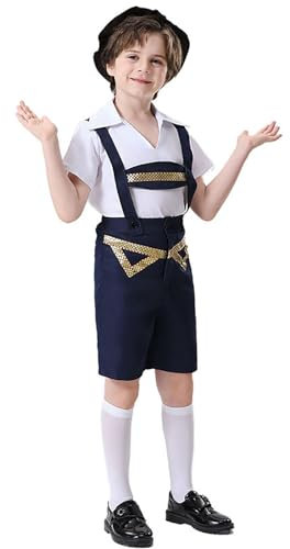 Lederhose Kinder Tracht Traditionelle Trachtenhose Kurz Trachten Leder Hose Blaue Veloursleder Trachtenlederhose Trachtenhemd Kurzarm Hosenträger Hut Braun für Oktoberfest Trachtenmode S-XXL