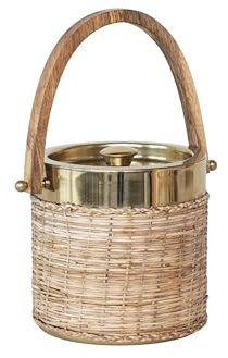 Creative Co-Op DF9365, Gold 3-Quart Boho-Chic Rattan and Steel Ice Bucket, Stainless Steel