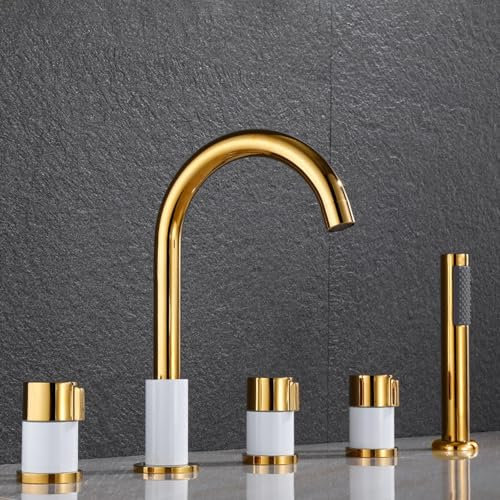 5 Hole Bath Tap Set with 360° Rotation and Pull Out Shower Mixer in Brass Hot and Cold 3 Handle Bathtub Edge Faucet for Gold + White Bath