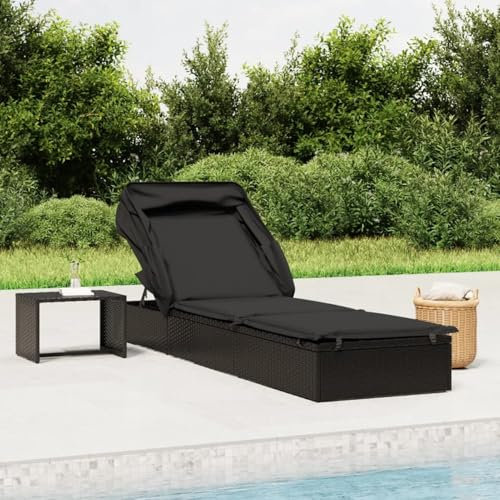 Xichuzi Sonnenliege mit Faltdach Schwarz 213x63x97 cm Poly Rattan, Gartenliege, Liegestuhl, Sonnenstuhl, Sonneninsel Outdoor, Liegen, Gartenmöbel, Bäderliege, Relaxliege - 319640