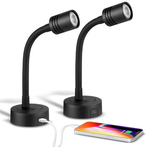 Obeaming 2 x Camper Lámpara de Lectura LED 12V Junto a la Cama Negro Luz Pared Regulable Flexible Cuello de Cisne DC 12V-24V para Autocaravana Furgoneta Barco Cabina, Cargador Tipo C incorporado