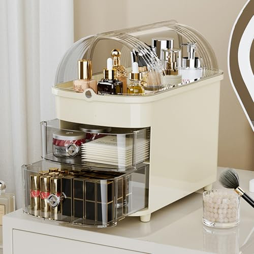 RMAN Organizer Trucchi con Cassetti Organizer Bagno Salvaspazio Organizzatore Trucchi con coperchio e Antipolvere Porta Trucchi da Camera per Skincare, Profumi, Creme, Beige