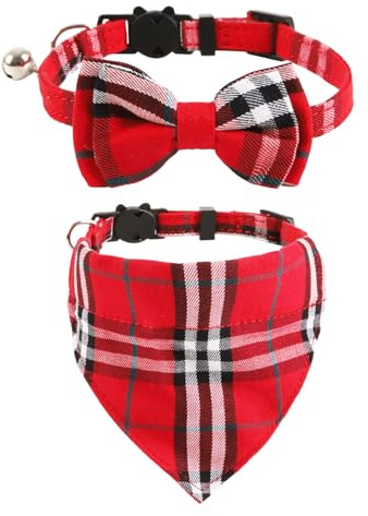 UYRVAPE 2pcs Collari per gatti con campane Bandana a farfalla rimovibile, collare per gattini, bandana per gatti, Papillon a Quadretti Regolabile con Campanello e Fibbia di Sicurezza, rosso