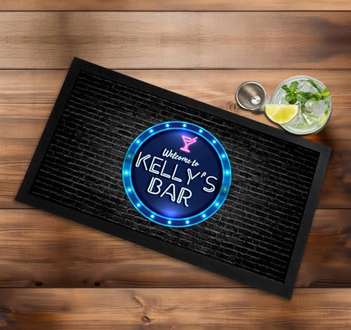 Tapis de bar personnalisé | Dessous de verre – Cercle bleu fluo | Ensemble de bar pour cocktail – Tapis de bar – Accessoires de bar à domicile (tapis de bar uniquement)