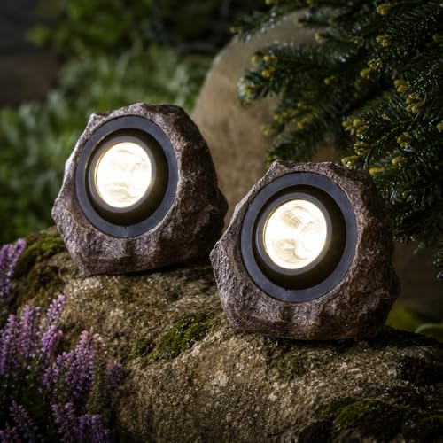 Garden Mile 21 cm superhelle solarbetriebene Stein-Effekt-Strahler, Außenleuchten, Wegbeleuchtung, Auffahrtlichter, 25 Lumen, wasserdicht, mit Dämmerungssensor