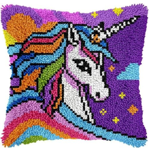 KnüpfKissen Set Erwachsene Kinder mit vordruck Cartoon Einhörner Prinz Lila knüpfteppich zum selber knüpfen Kissenbezug Anfänger DIY Handarbeit Stickerei Sets Handgemachtes Handwerk Sofa Wohnkultur 43