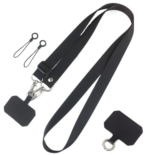 Cadena para teléfono móvil, universal, ajustable, correa para llaves con 2 inserciones adhesivas, compatible con todos los smartphones, color negro