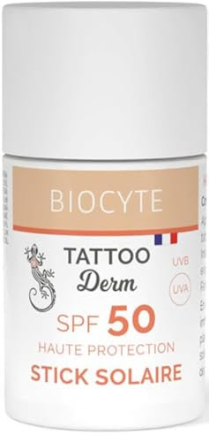 BIOCYTE Tattoo Stick Solaire SPF 50 - Protection Solaire Tatouage Huile De Coco - Tous Types De Peau - Résistant A L'Eau & Fini Invisible, Non Gras - 18g