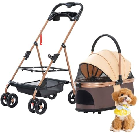 PJDDP Passeggino per Cani 20 kg, Passeggino per Gatti, Carrozzina per Cani con Cestino Portaoggetti, Portabicchieri, Carrellino per Cani di Piccola E Media Taglia,Marrone