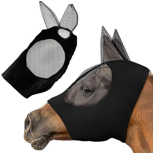 WUSJCOF 1 pièce Masque de cheval anti-mouche,bonnet anti mouche cheval,maille respirante,anti-UV,anti-moustiques,avec cache-oreilles,masque de frein élastique avec fermeture éclair (Noir)